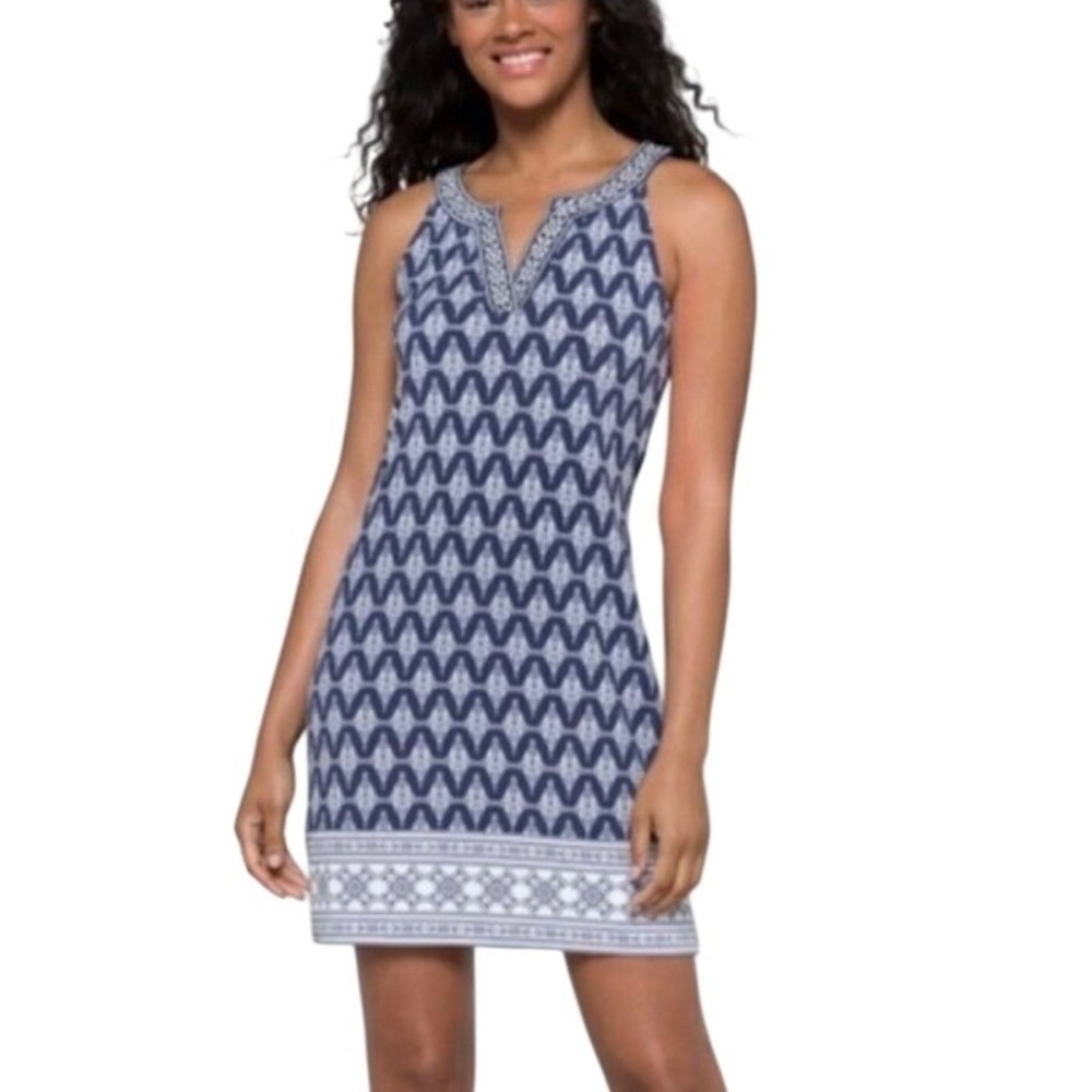 Magnolia Grace Women Blue Geometric‎ Embroidered V-Neck Shift Dress M Excellent